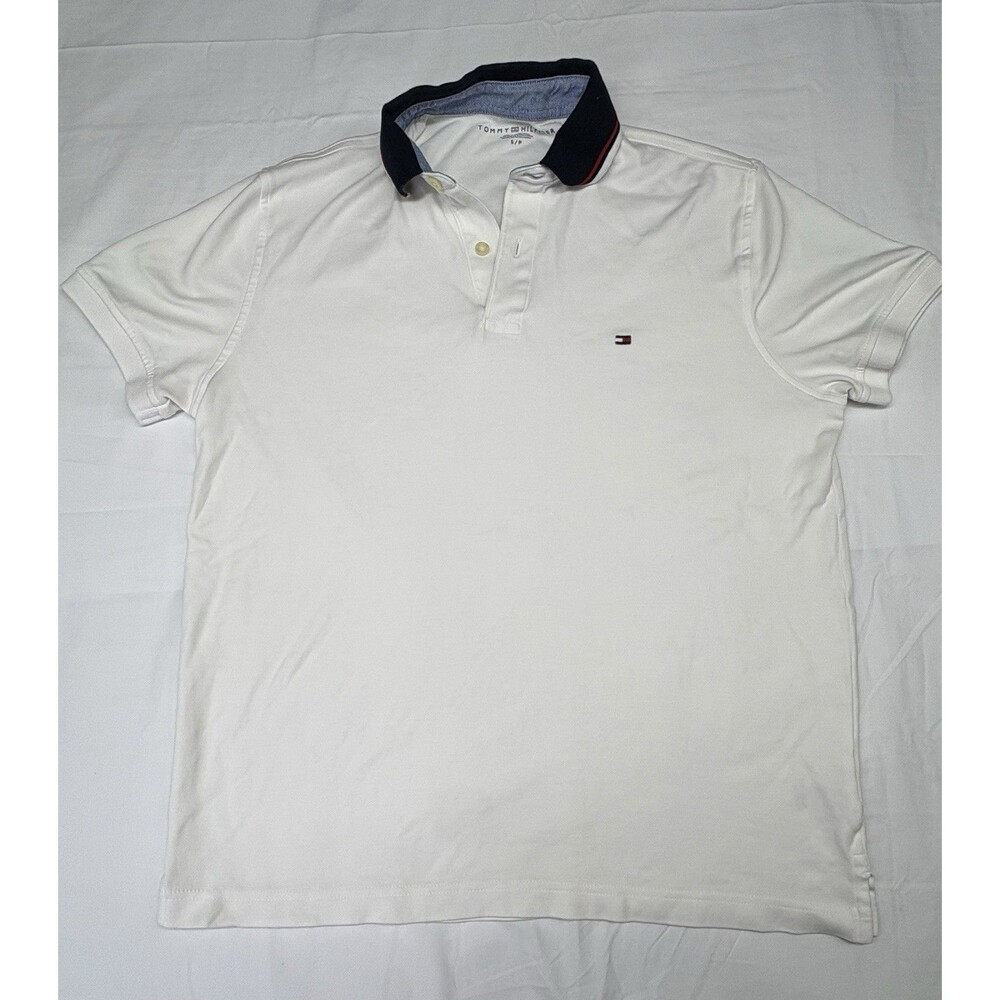 Tommy Hilfiger Mens S White Polo Shirt Flag Logo Navy Collar Short Sleeve